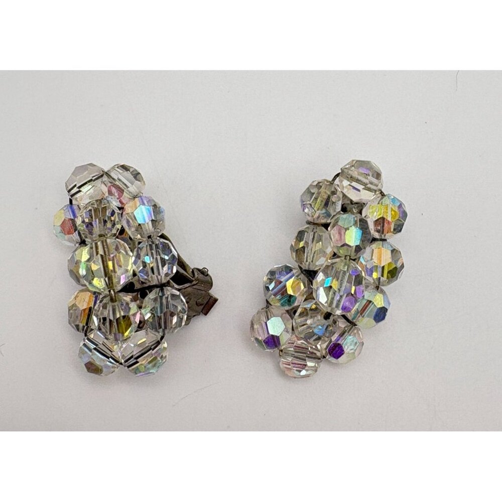 Vintage Aurora Borealis Clip On Earrings Faceted Beads Kidney Shaped Iridescent - Picture 6 of 6